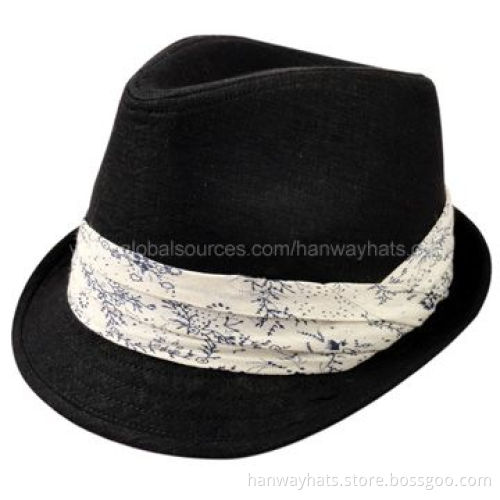 Women's Fashionable Black Fedora Hat with White Vented Satin Band